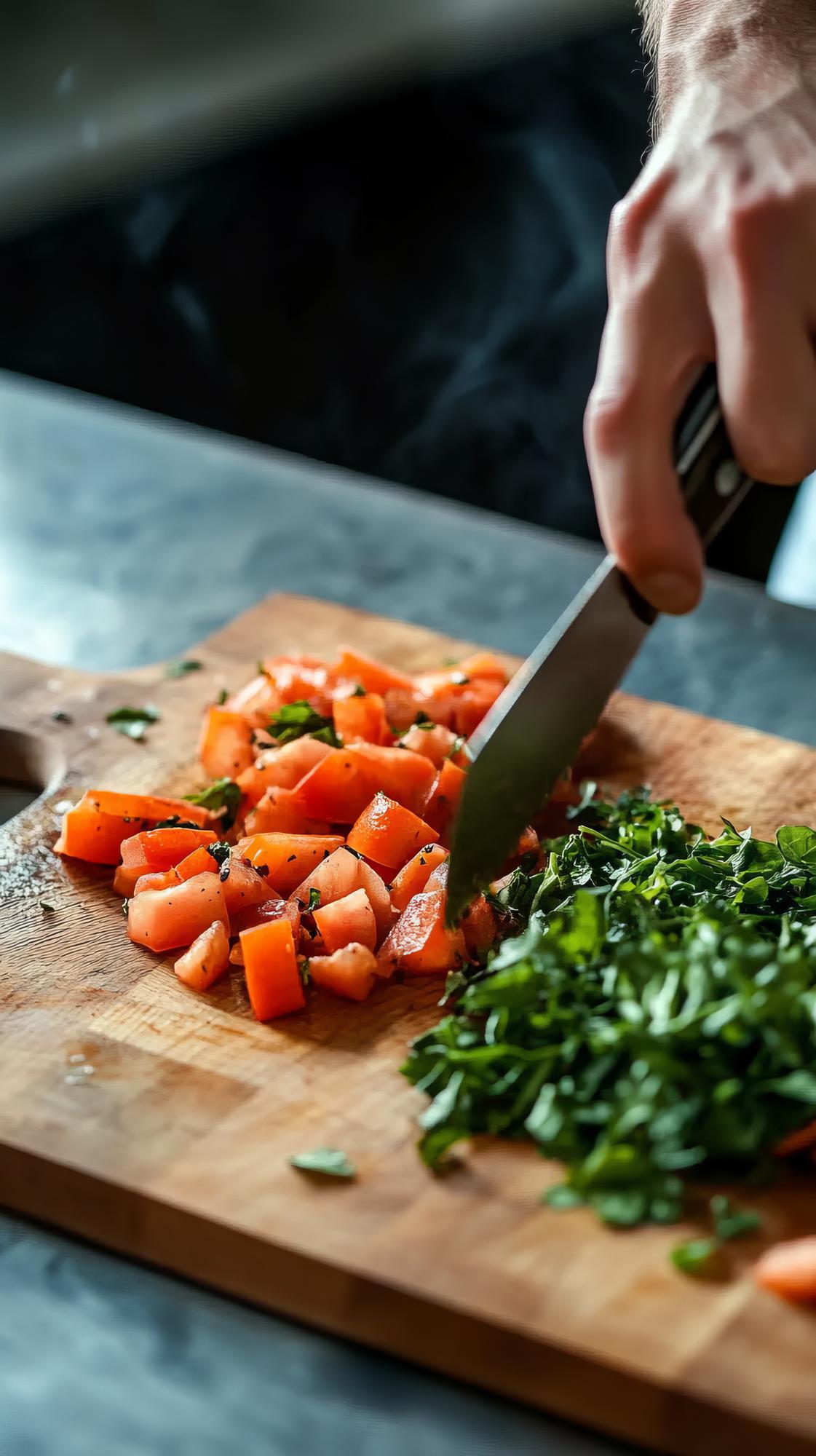 Close-up of hands chopping with modern knife