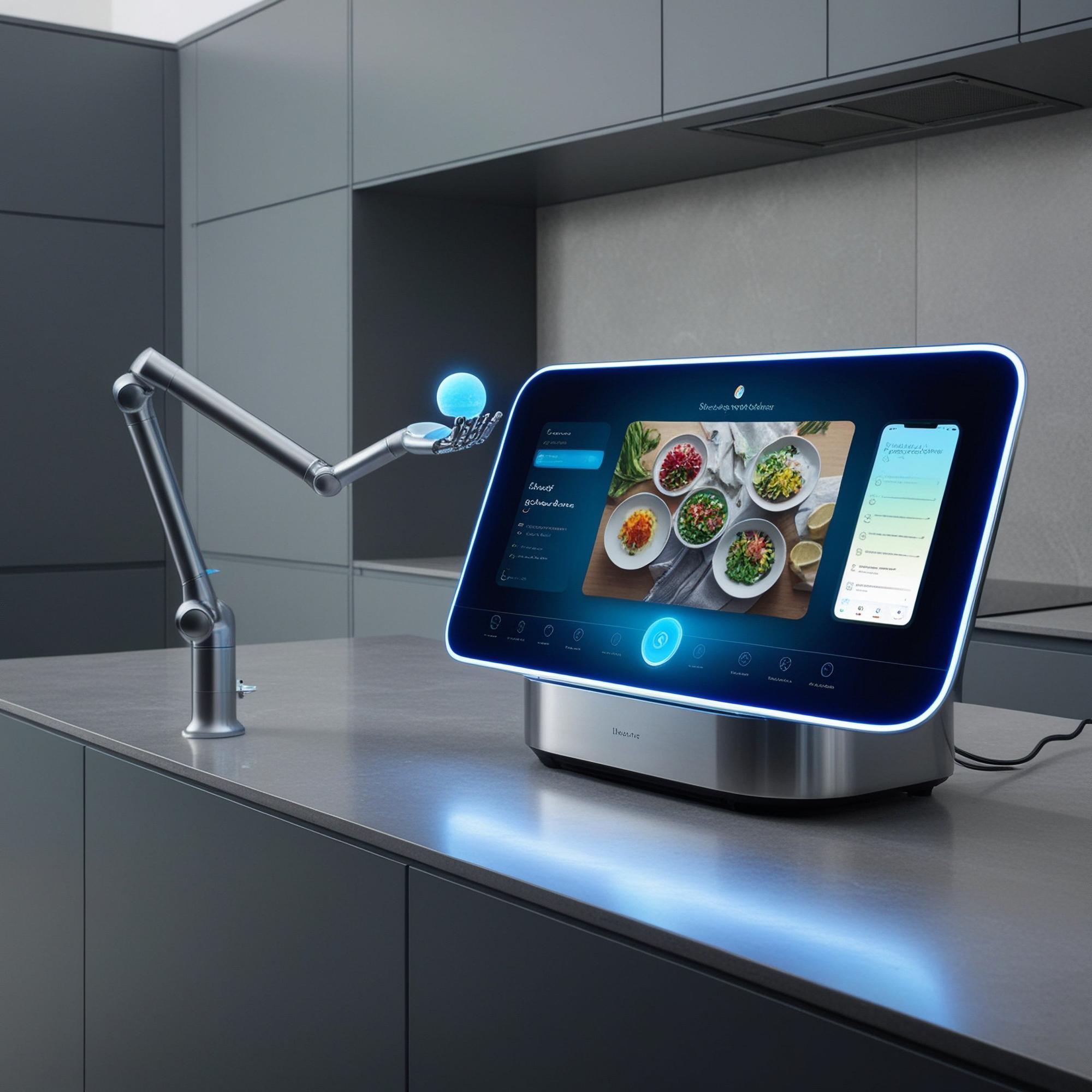 A futuristic kitchen workstation with cooking tech